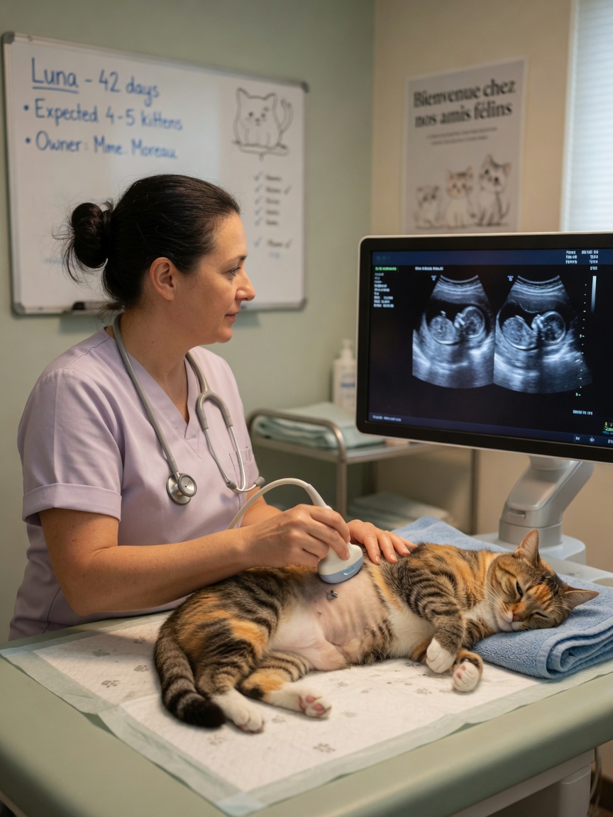 Veterinarian performing ultrasound on pregnant cat