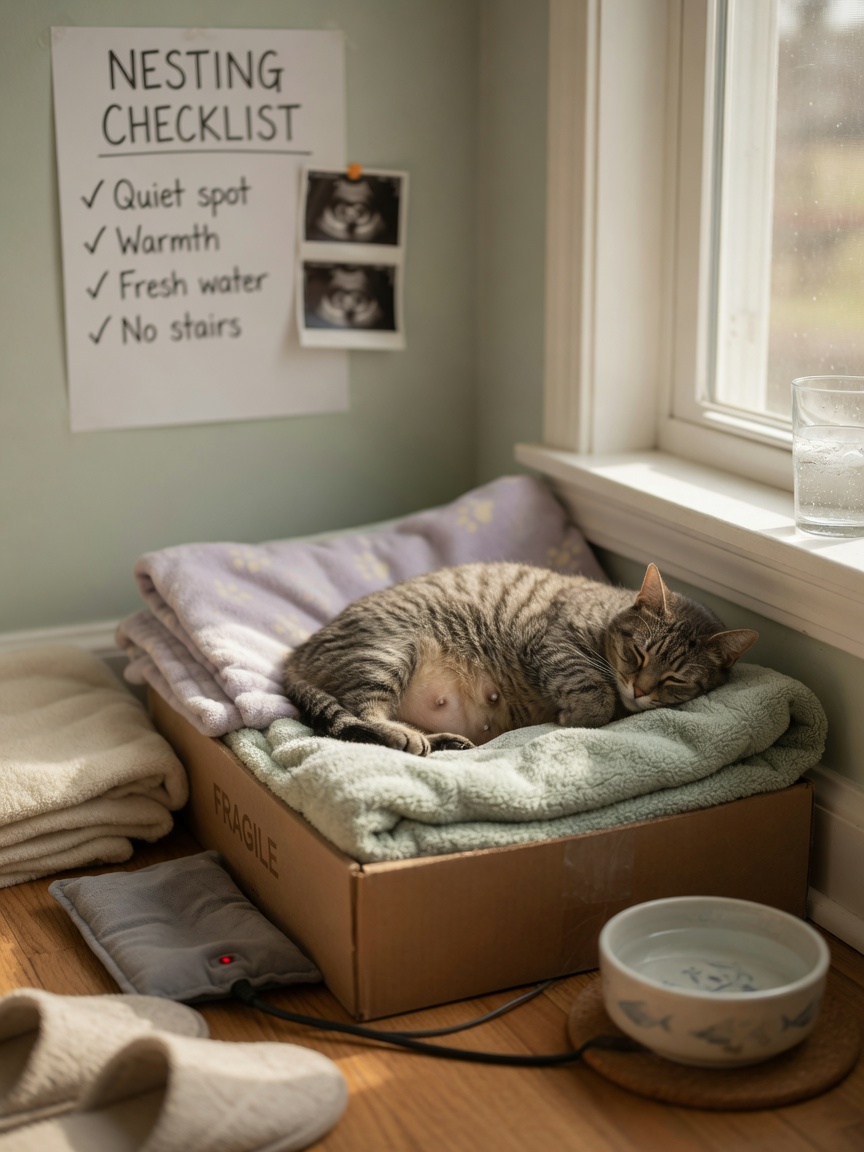 Prepared nesting box with towels and heat pad for cat labour