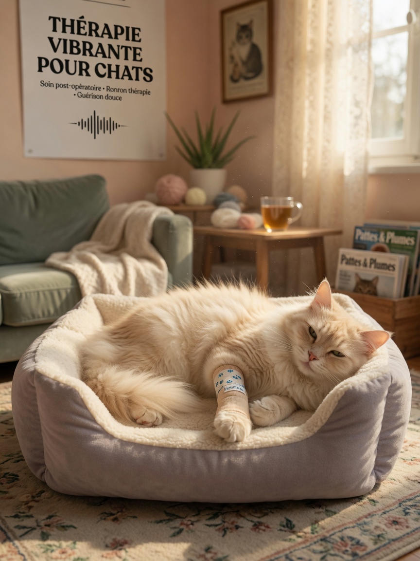 Long-haired cream cat resting on soft bed with healing bandage, peacefully purring while recovering from injury