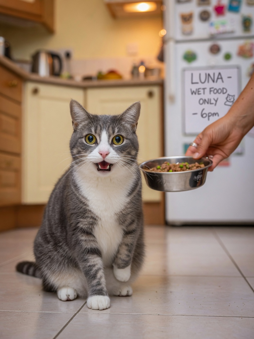 Tabby cat sitting upright with focused expression, facing camera with mouth open in solicitation purr, with human hand holding food bowl in background