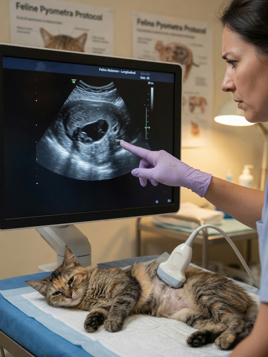 Veterinarian performing abdominal ultrasound on an intact female cat suspected of pyometra