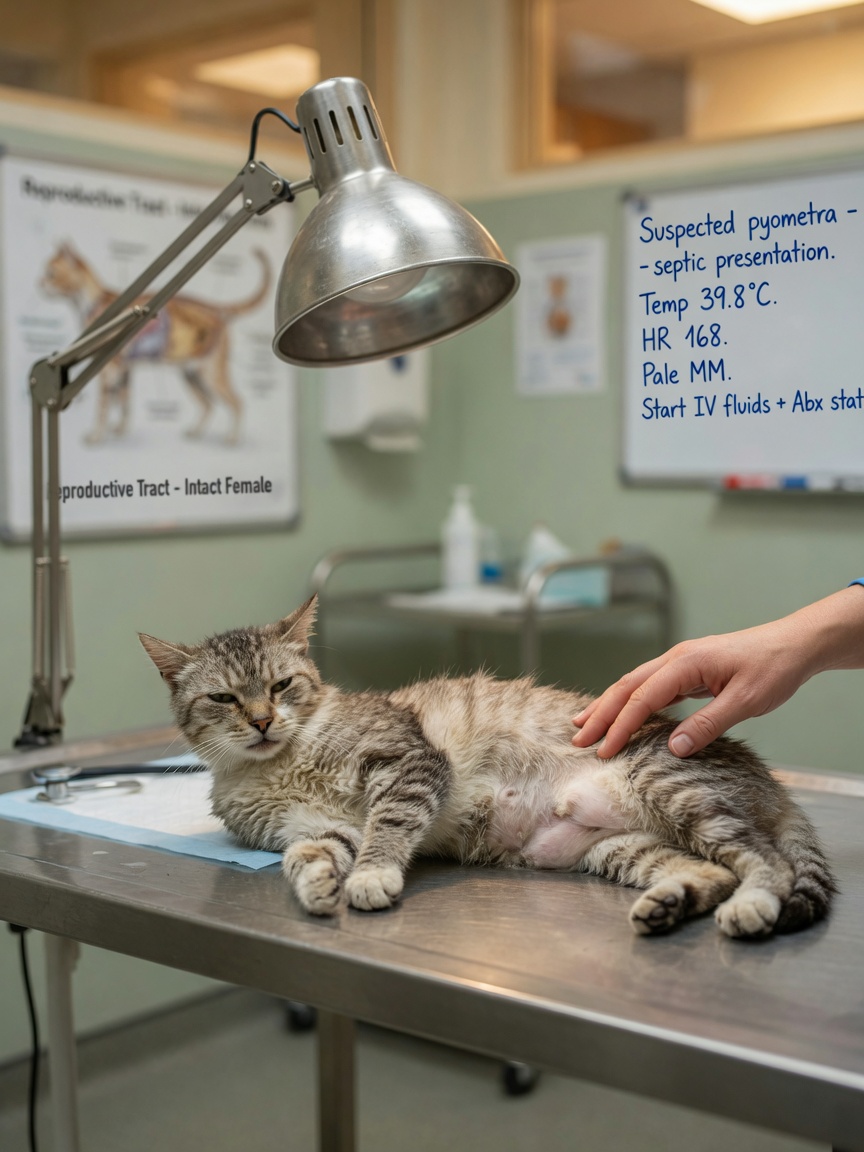 Sick and lethargic intact female cat being examined by a veterinarian during emergency assessment