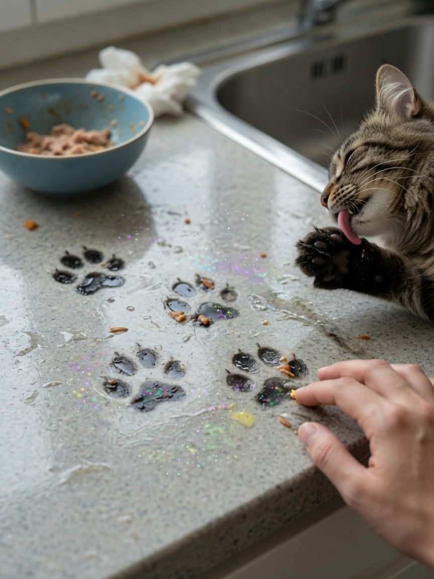 Cat grooming itself after eating raw meat, showing contamination transmission in household