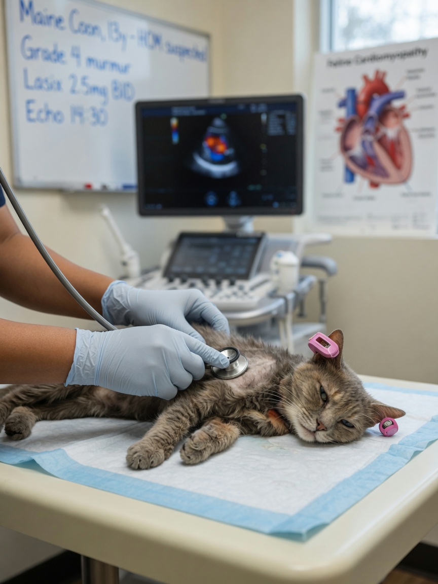 Veterinarian examining a cat's heart with stethoscope, demonstrating dilated cardiomyopathy from taurine deficiency