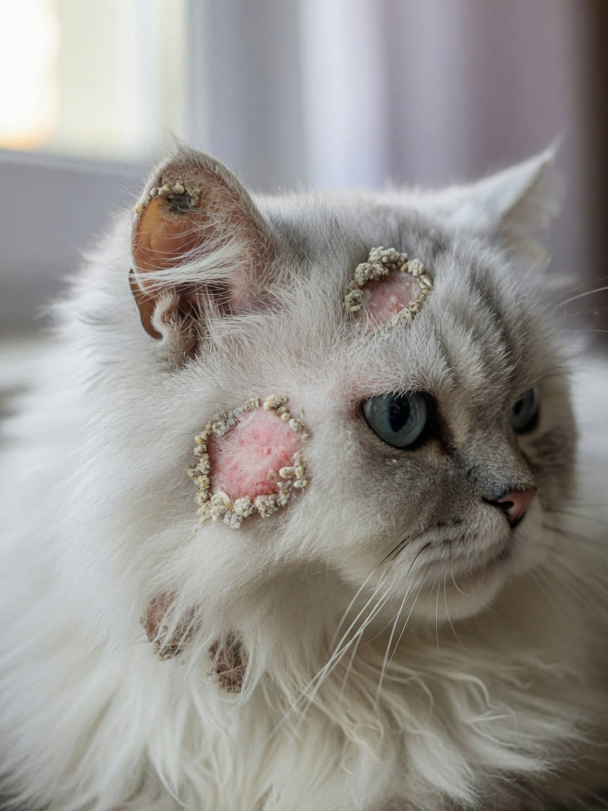 Visible ringworm lesions on a Persian cat's head showing hair loss, scaling, and skin inflammation