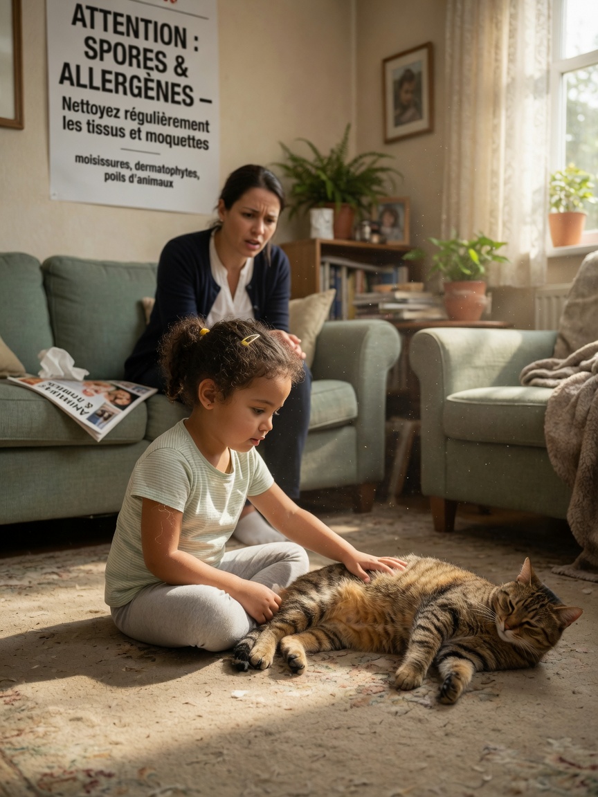 Child playing with a tabby cat on a living room carpet, illustrating household transmission risk