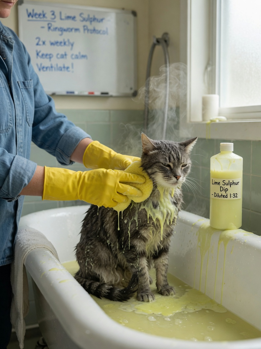 Cat receiving a lime sulphur dip treatment during ringworm therapy, with caregiver wearing protective gloves applying solution to its coat