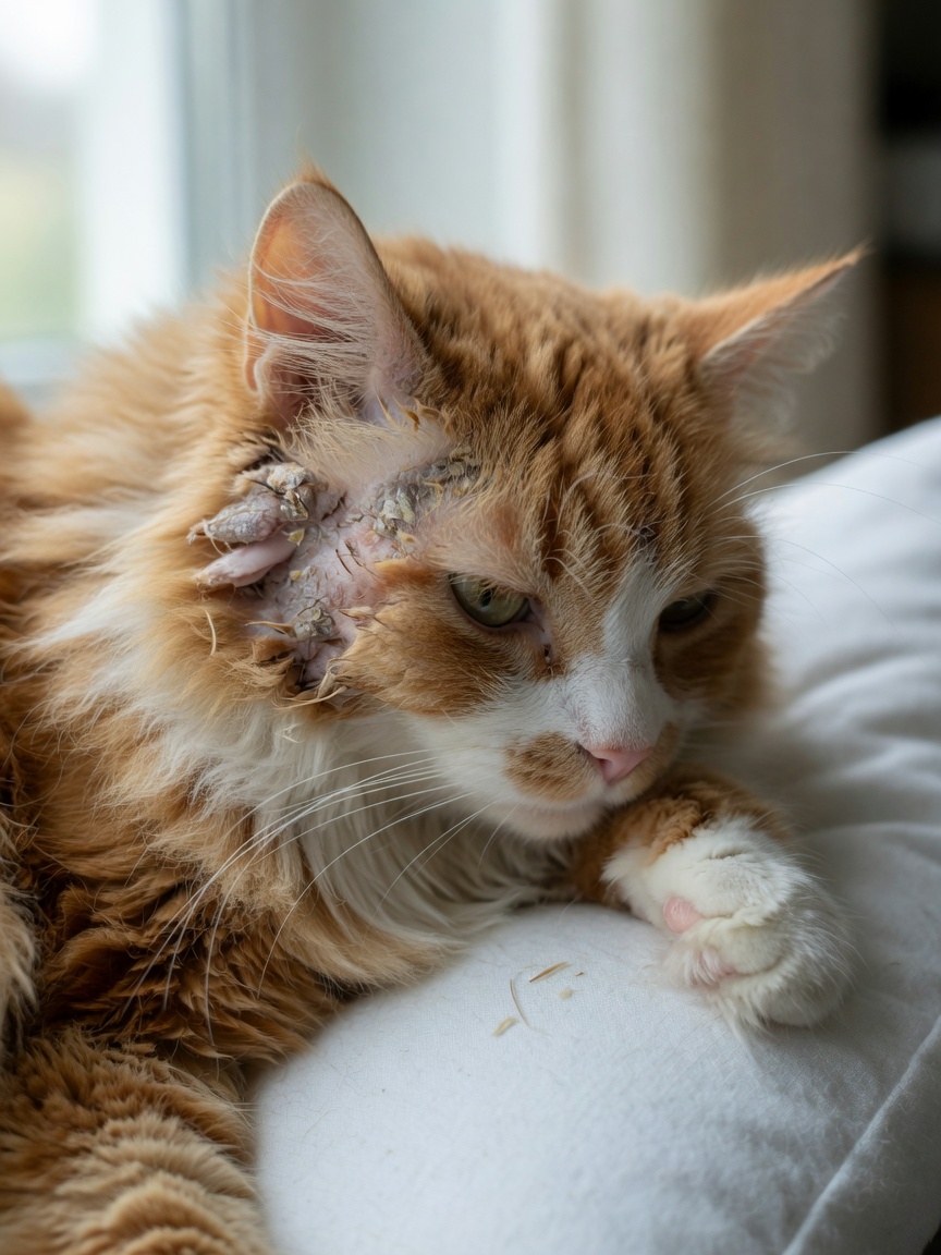 Close-up of a cat showing visible ringworm lesions on the face with hair loss and scaly skin