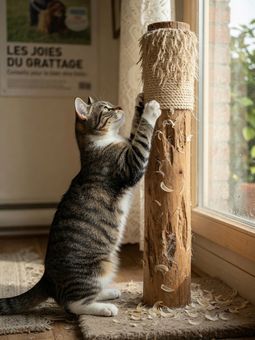 Tabby cat performing full-body vertical stretch while scratching a wooden post, demonstrating claw maintenance and muscle engagement