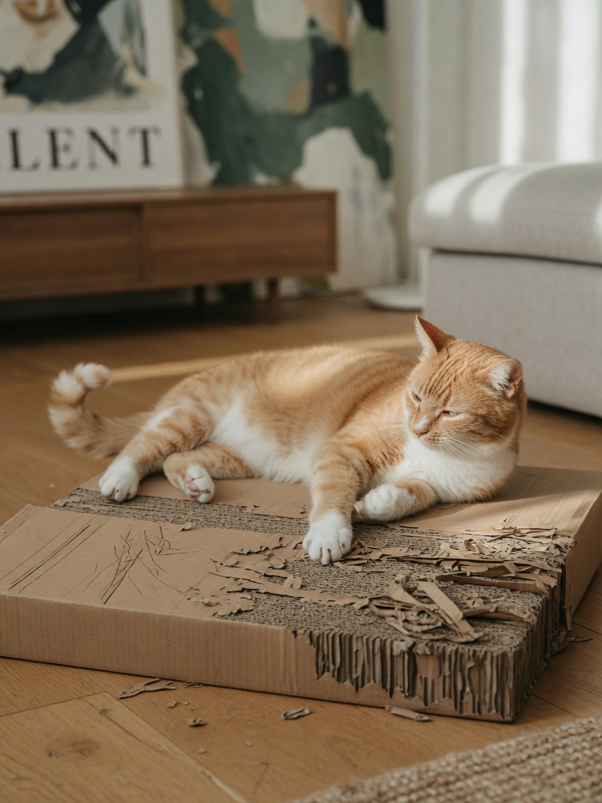 Ginger and white cat contentedly scratching a worn horizontal cardboard scratching pad on a hardwood floor