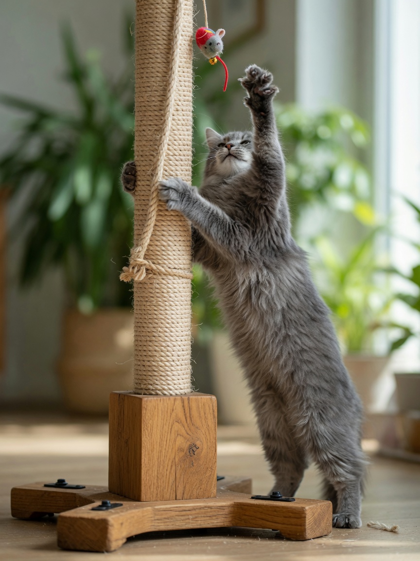 Long-haired grey cat fully extended on a tall sisal rope scratching post with heavy base