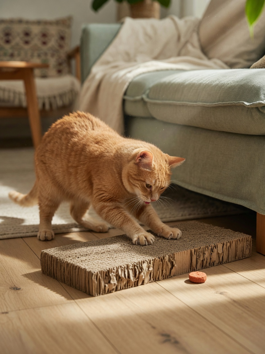 Ginger tabby cat scratching a horizontal corrugated cardboard pad on a wooden floor with a treat nearby
