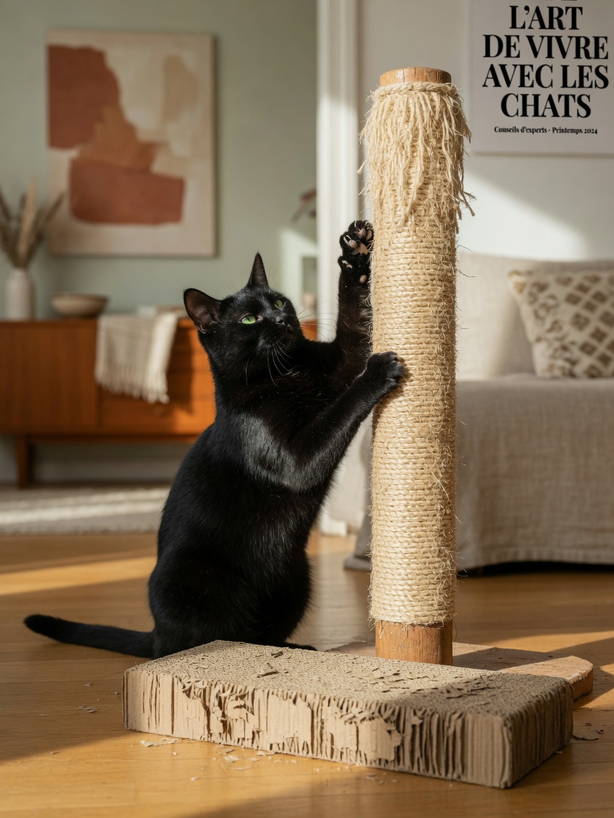Black cat scratching a tall sisal post with a horizontal corrugated scratcher visible nearby