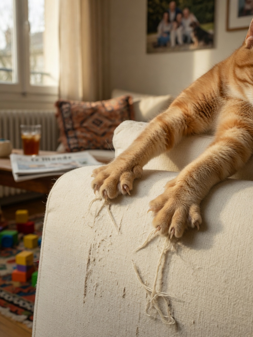 Cat scratching against upholstered sofa fabric in a living room, showing claw marks on the textile