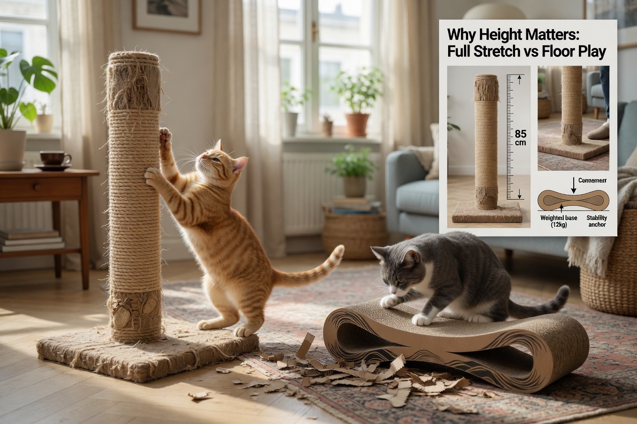 Multiple scratching post options including tall vertical sisal posts and horizontal cardboard scratchers with cats using them