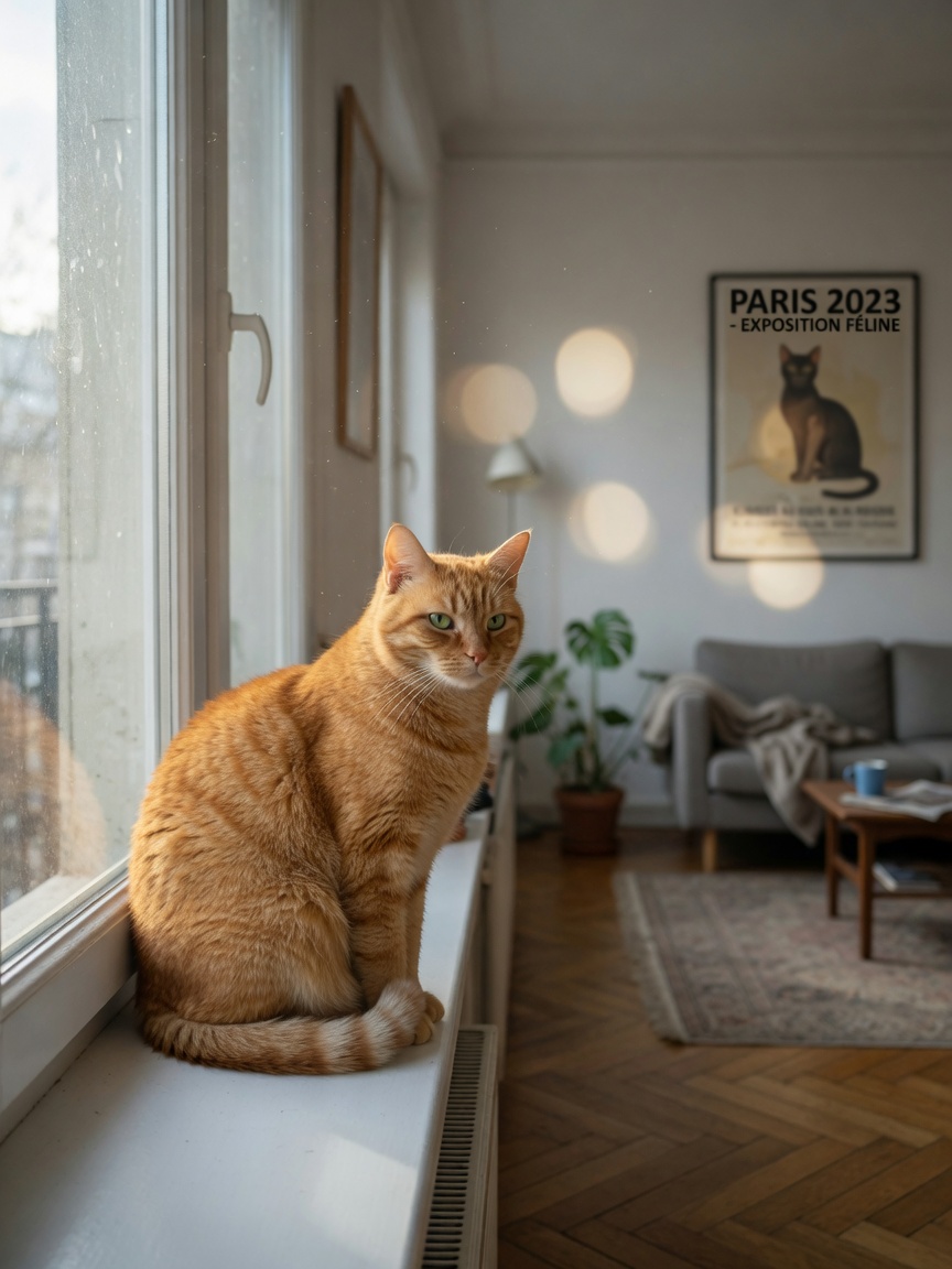 Single tabby cat sitting alone by a window, illustrating at-risk single-pet household situation
