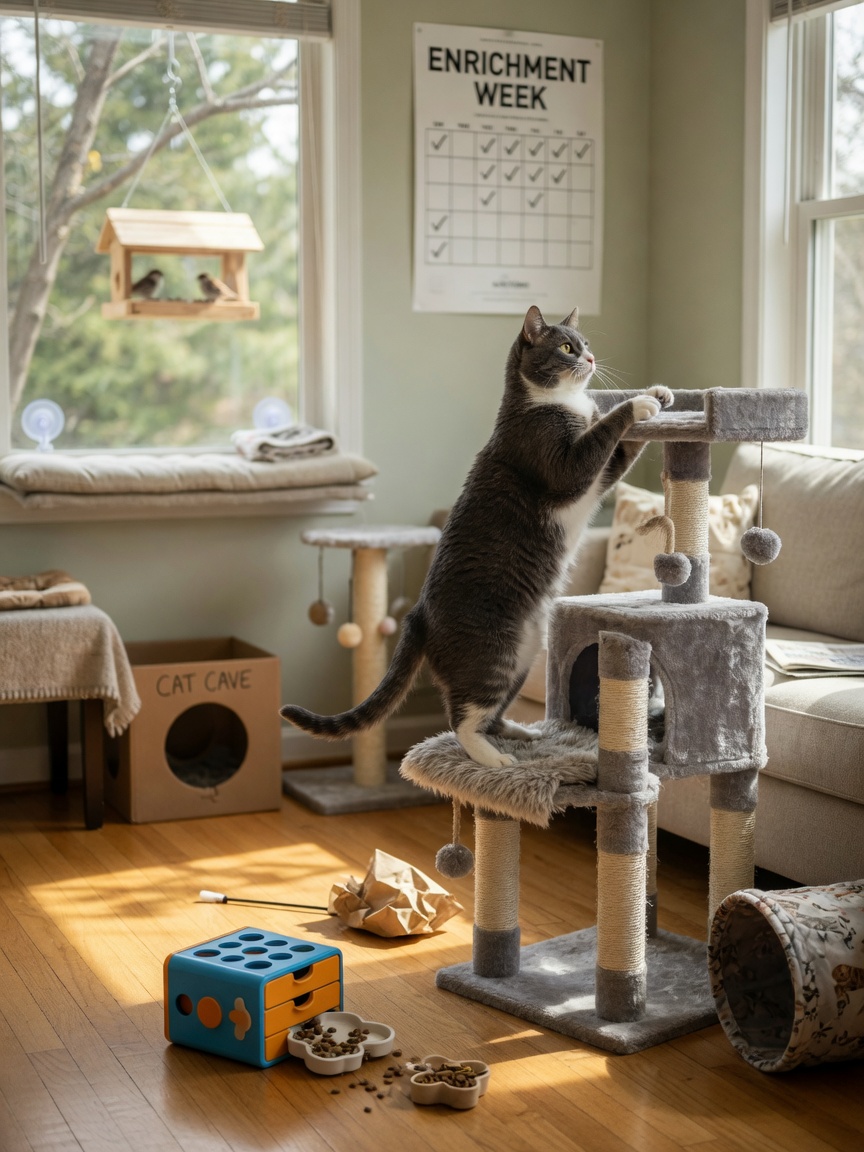 Cat enjoying enriched environment with cat tree, puzzle feeder, and window perch in bright living room