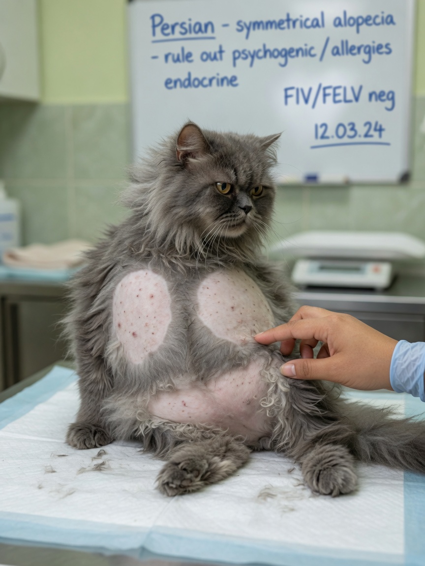Cat with symmetrical hair loss on belly and inner thighs showing signs of over-grooming and psychogenic alopecia