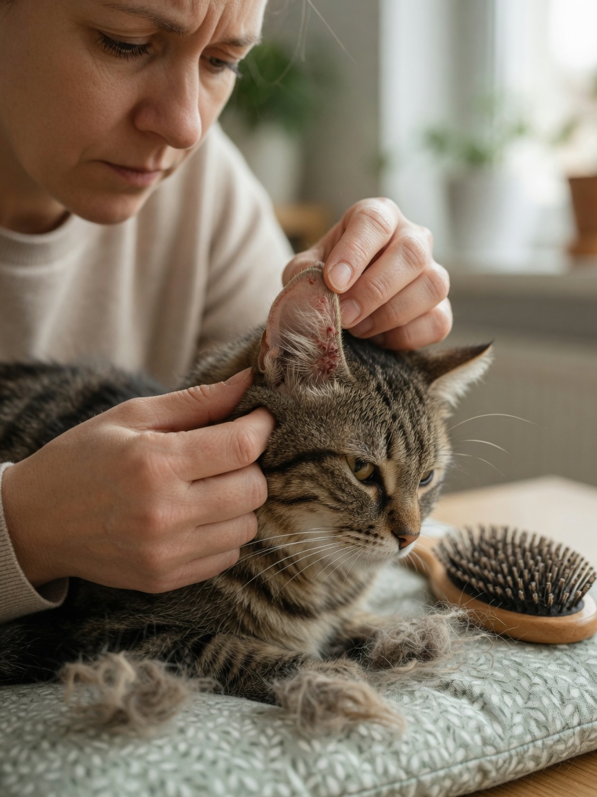 Cat owner performing home examination of cat's inflamed ear and detecting signs of skin problems during routine handling
