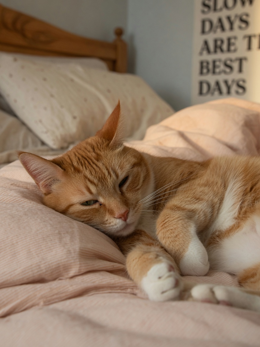 A ginger and white cat in light sleep with twitching ears and partially open eyes showing alertness