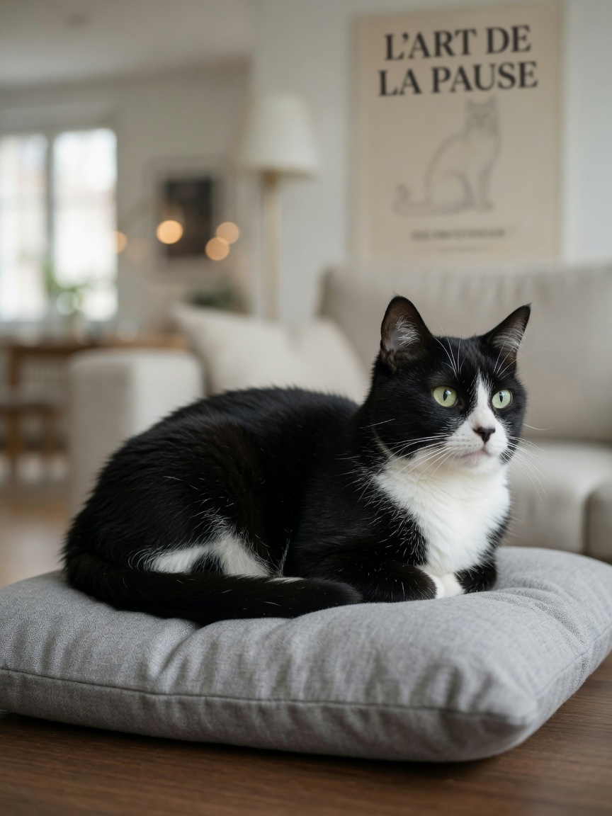 A black and white cat in the loaf sleeping position with paws tucked under body and tail wrapped around sides