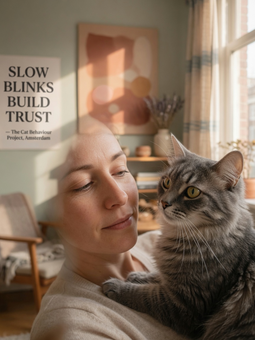 Person performing a slow blink with their cat during a moment of calm eye contact and bonding