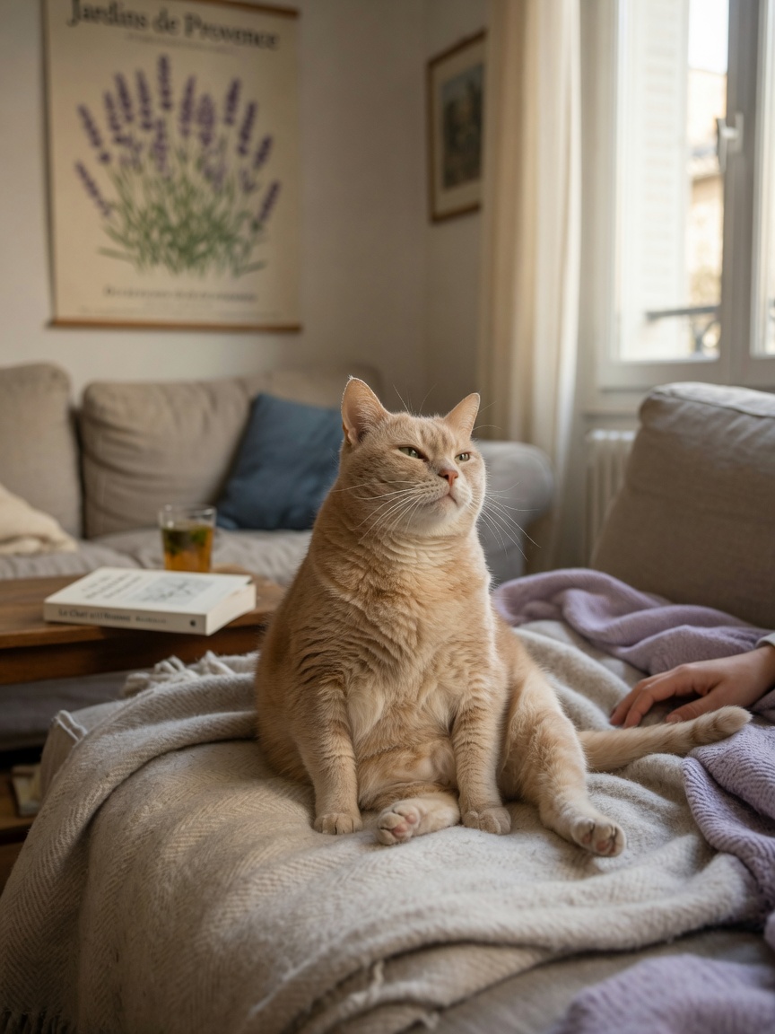Relaxed cat in a comfortable seated position with a gentle, trusting expression and soft eyes