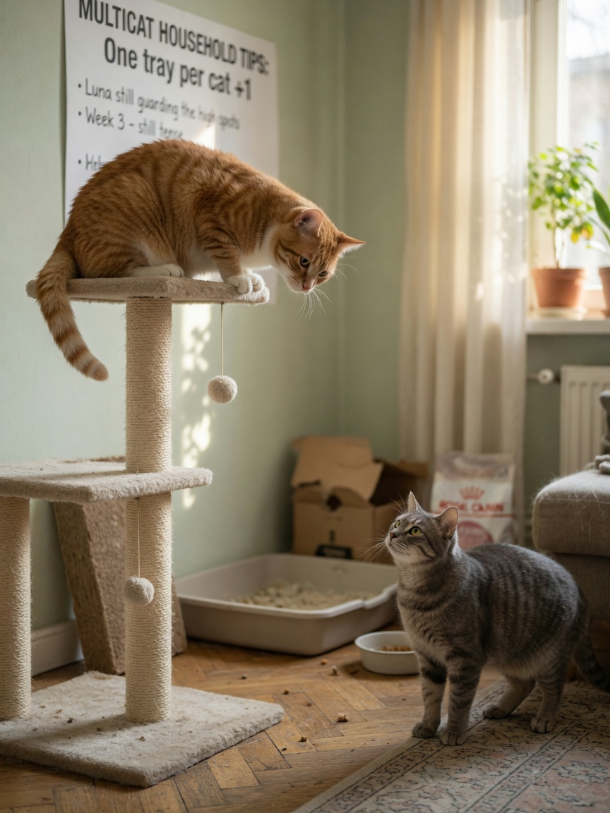 Two cats in a home environment showing subtle tension and territorial stress in a multi-cat household