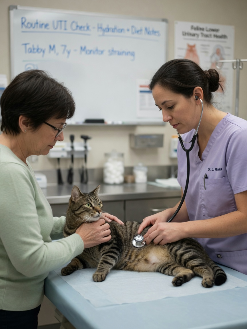 Veterinarian examining a tabby cat's abdomen on an examination table during a routine health check