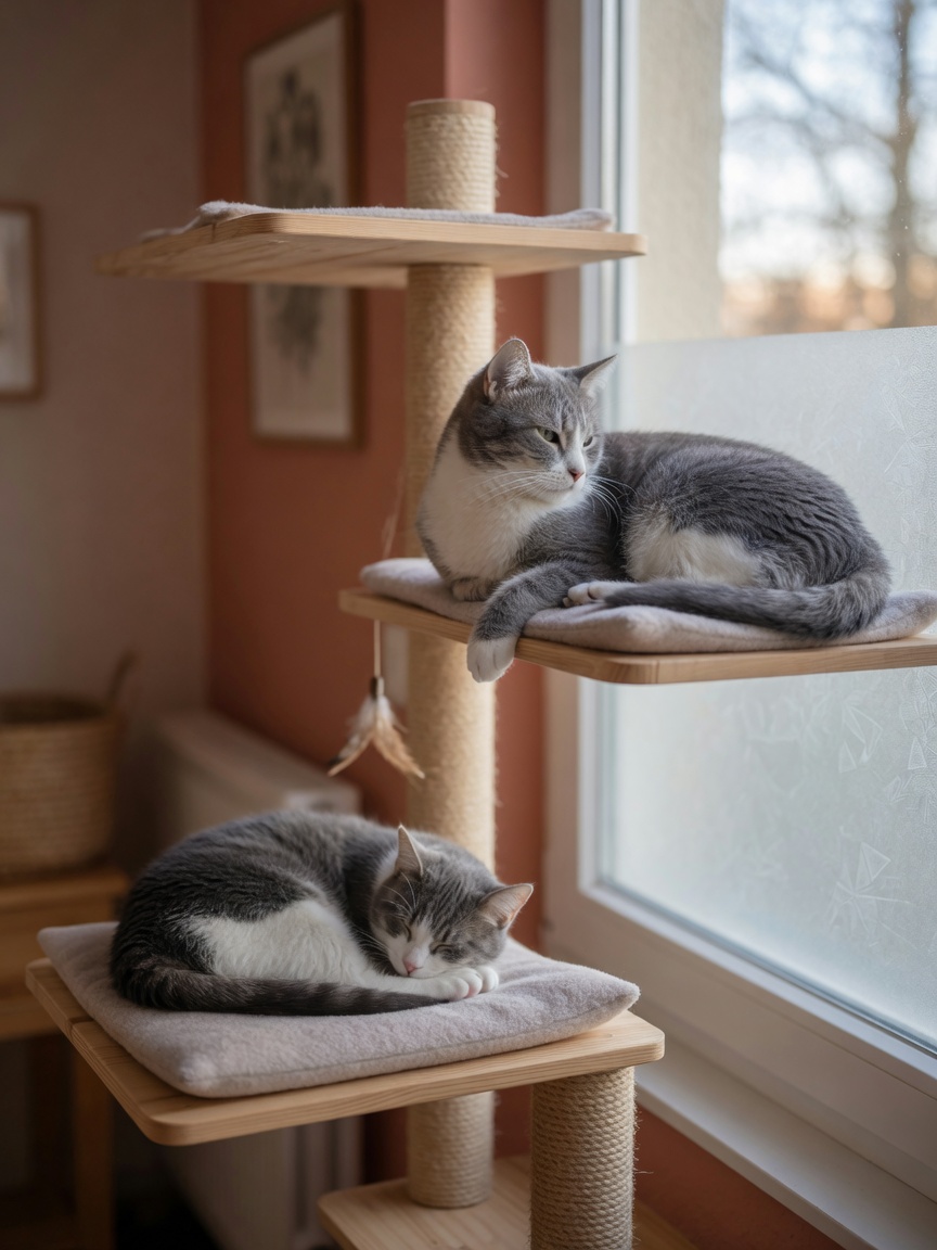 Two neutered cats peacefully occupying different levels of a cat tree with frosted window film, demonstrating reduced environmental stress and vertical territory