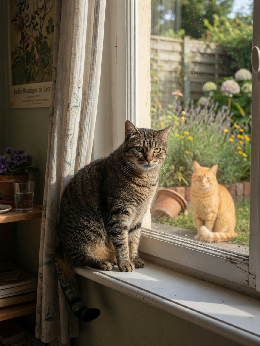 Anxious indoor cat watching an unfamiliar outdoor cat through a window