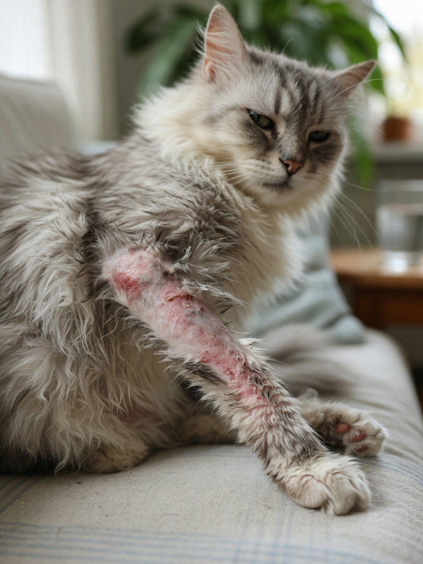 Close-up of cat's over-groomed front leg showing bald patches from stress-related excessive licking