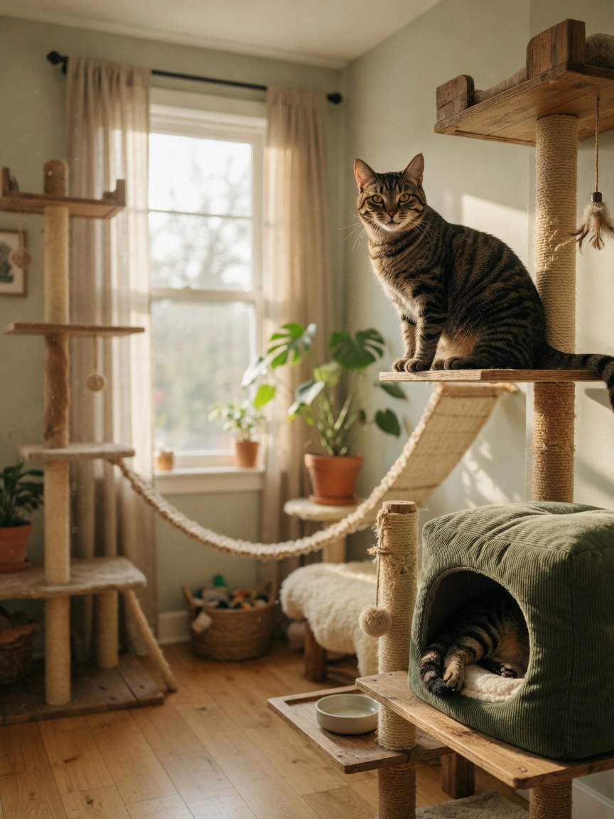 Relaxed tabby cat on elevated cat tree near window, showing enriched home environment with hiding spaces and vertical territory