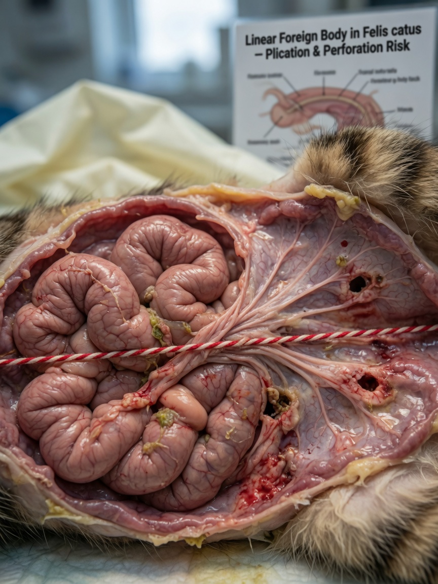 Medical illustration of cat intestines with string caught causing plication and tissue damage