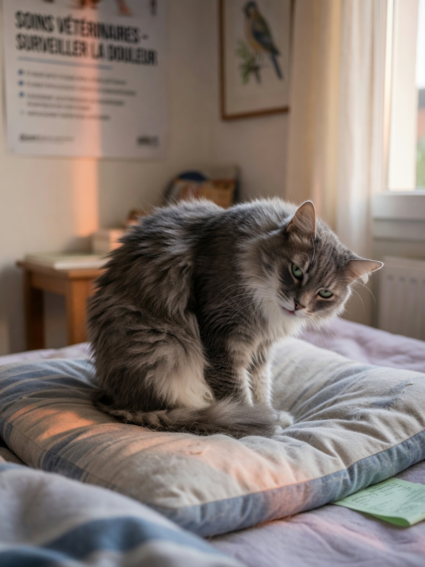 Distressed cat in hunched posture displaying signs of abdominal pain from intestinal foreign body