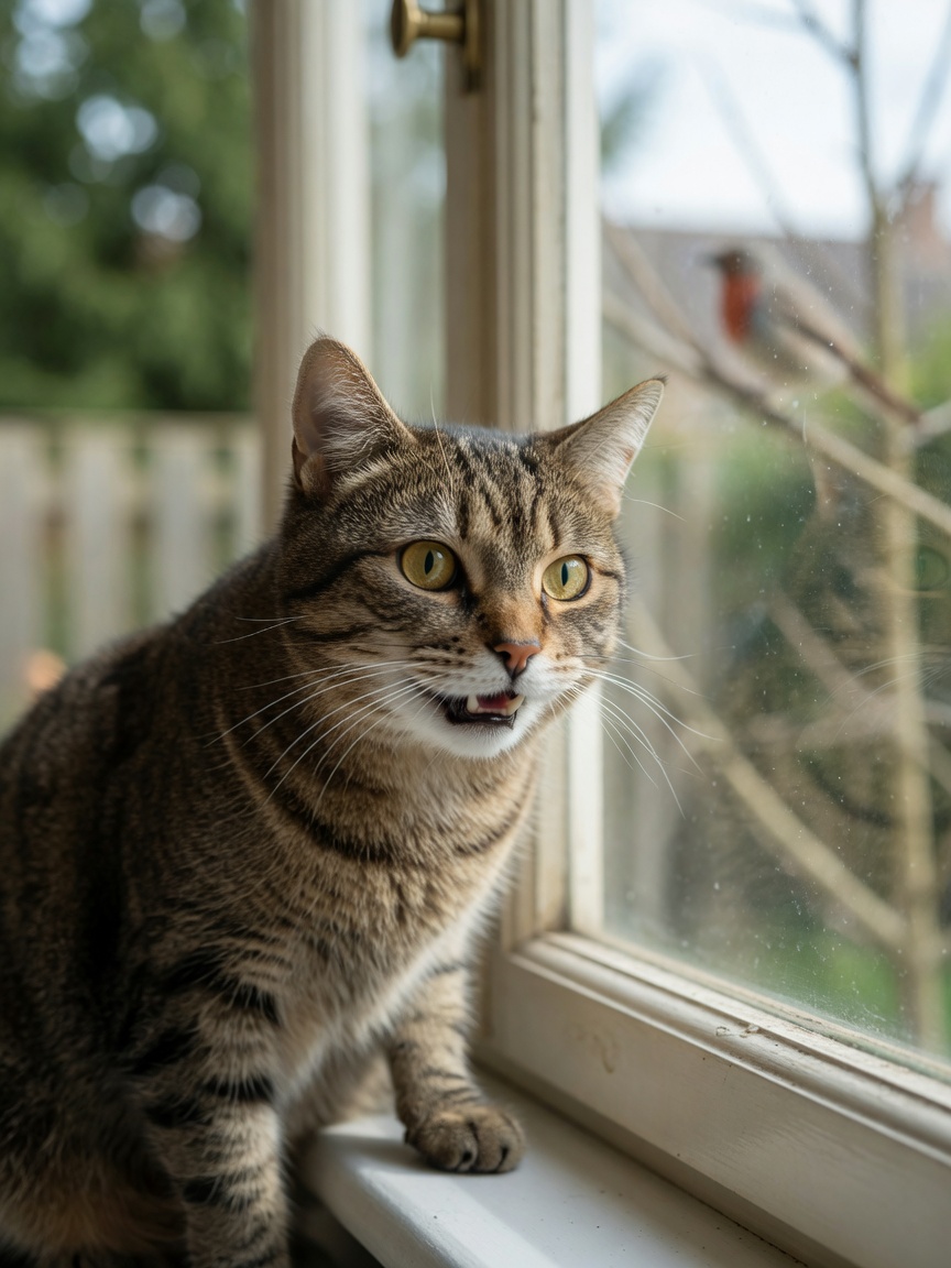 Gato sentado à janela com mandíbula ranger enquanto observa um pássaro lá fora, exibindo instinto predatório