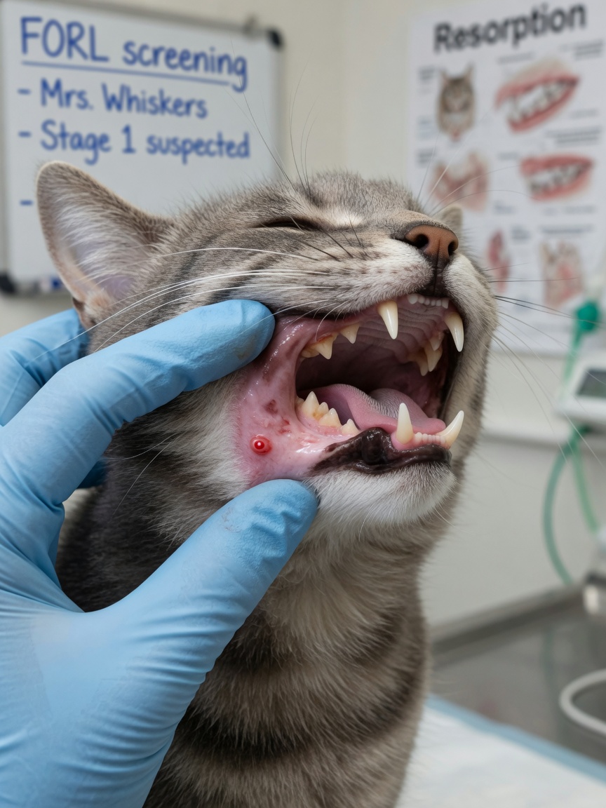Exame dentário veterinário mostrando lesão FORL precoce visível na margem gengival de um dente de gato
