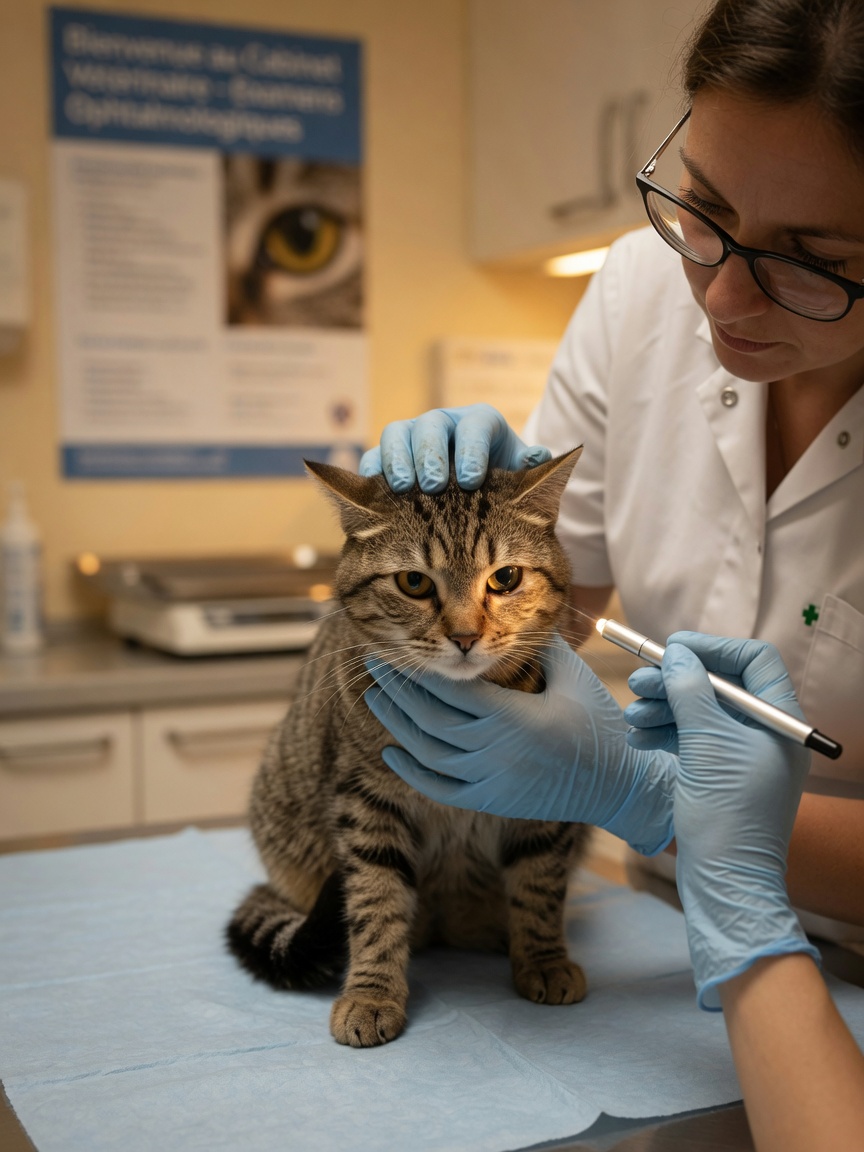 Veterinarian examining a tabby cat's eye with a penlight during a clinical examination