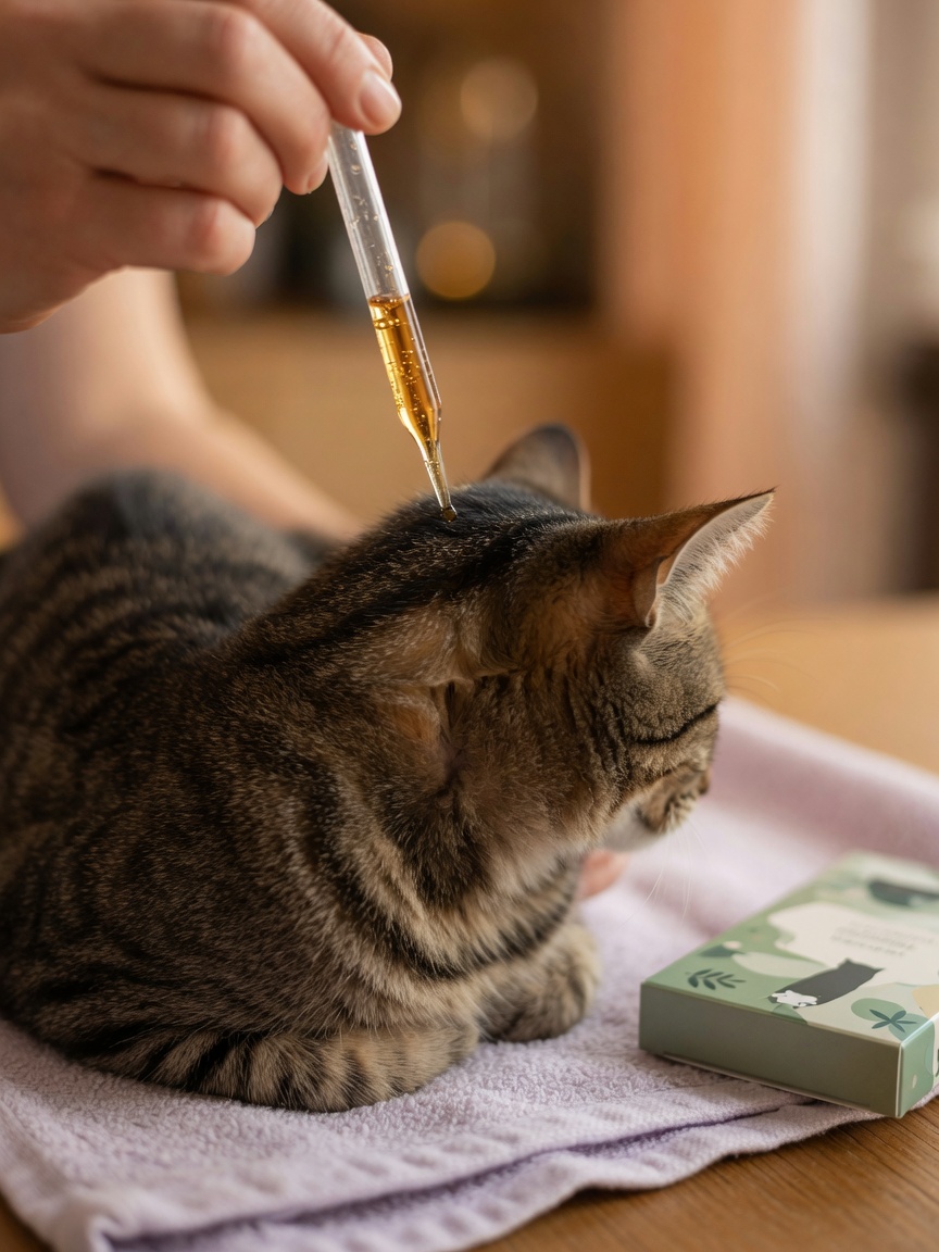 Cat-safe spot-on flea and tick treatment being applied to a cat's neck