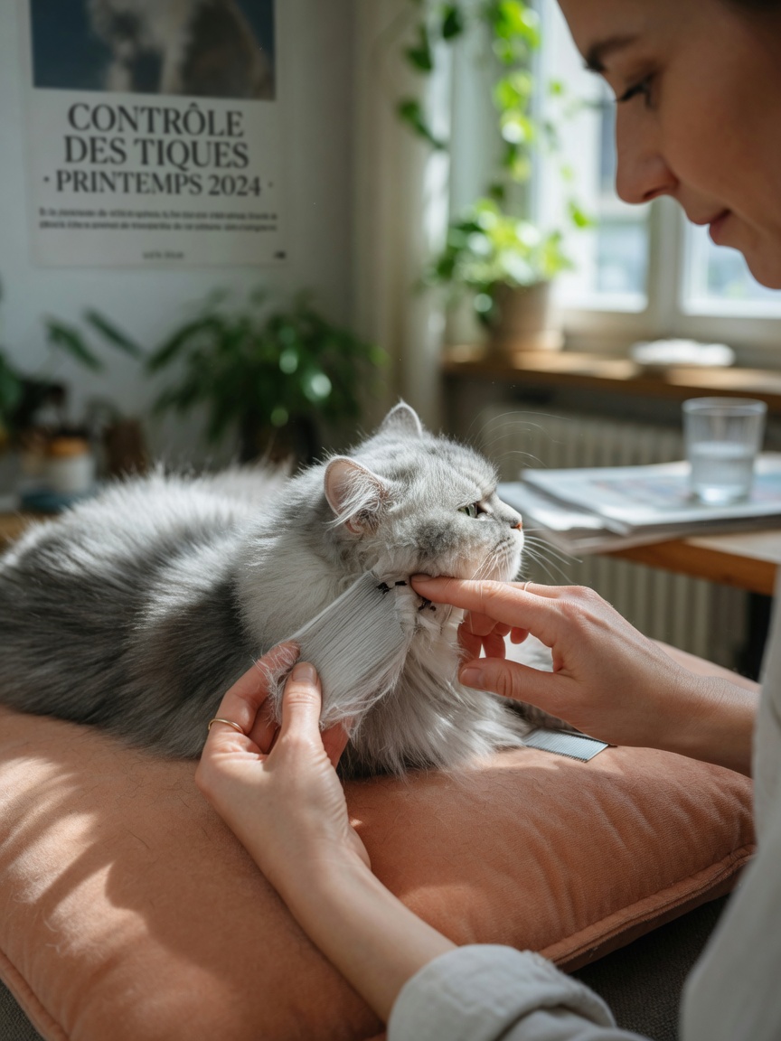 Owner thoroughly checking a cat's coat and fur for ticks using proper examination technique