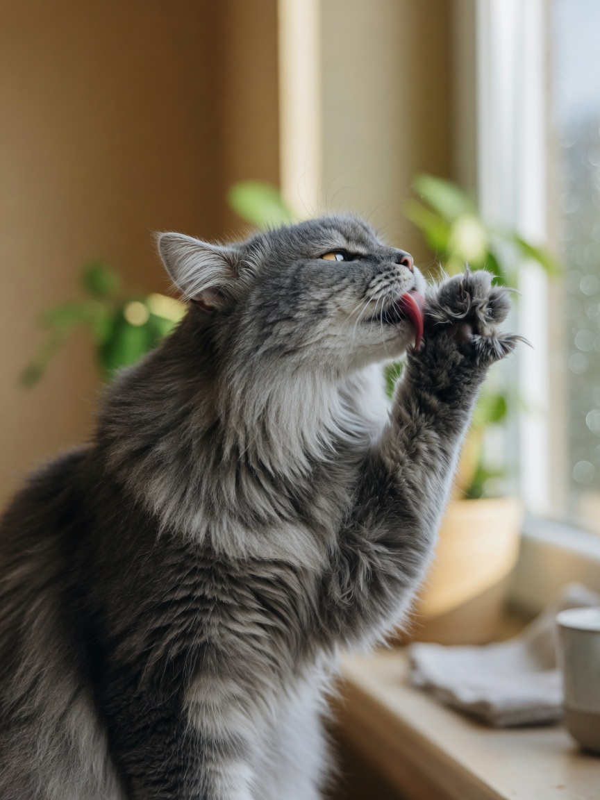 A grey cat grooming itself, showing the flexible posture and self-cleaning behavior that helps cats remove ticks