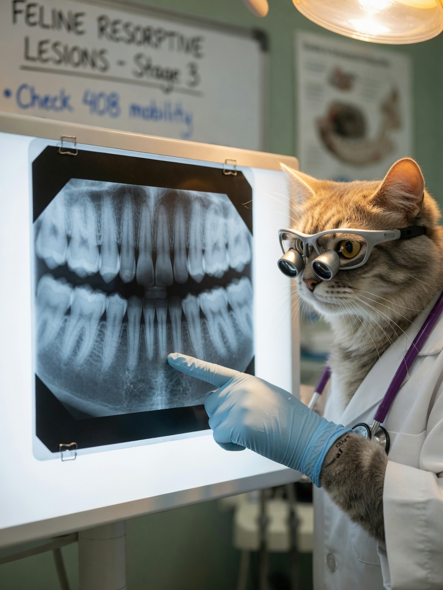 Veterinary dentist examining dental radiographs on a light box to classify Type 1 tooth resorption