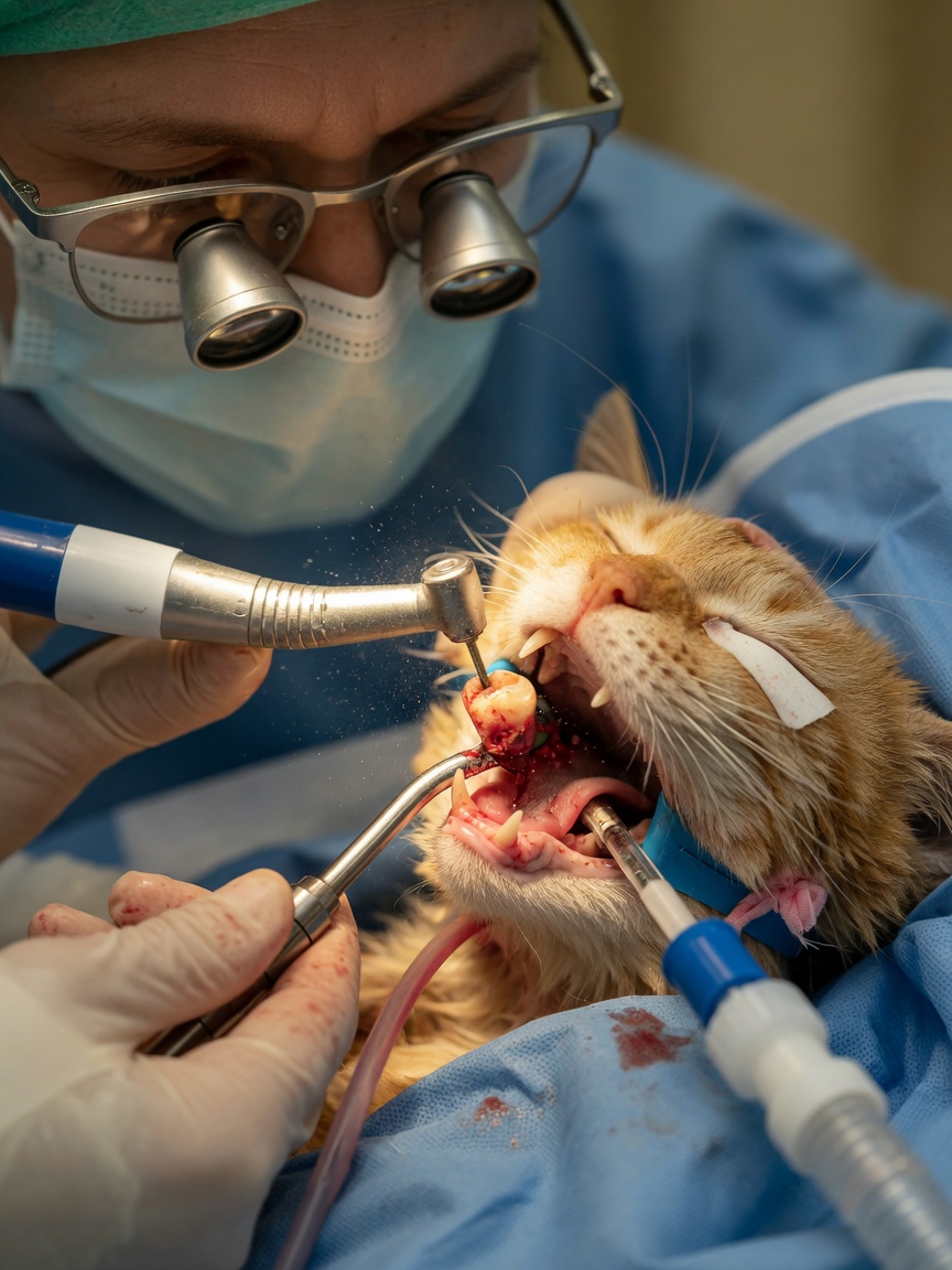 Surgical crown amputation procedure being performed on an anesthetized cat for Type 2 tooth resorption treatment