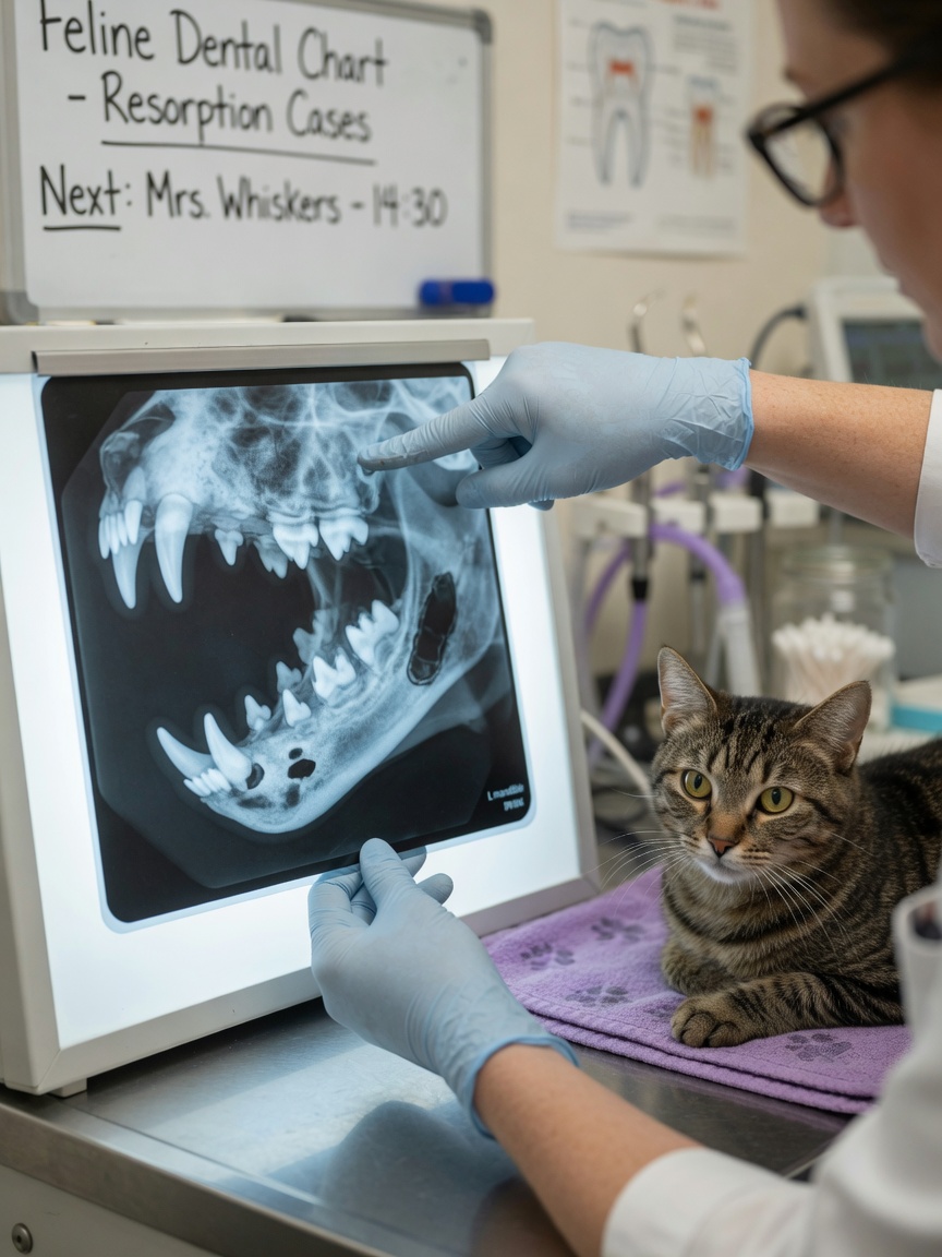 Veterinario dentista examinando una radiografía dental en una caja de luz con un gato atigrado presente en la mesa de examen