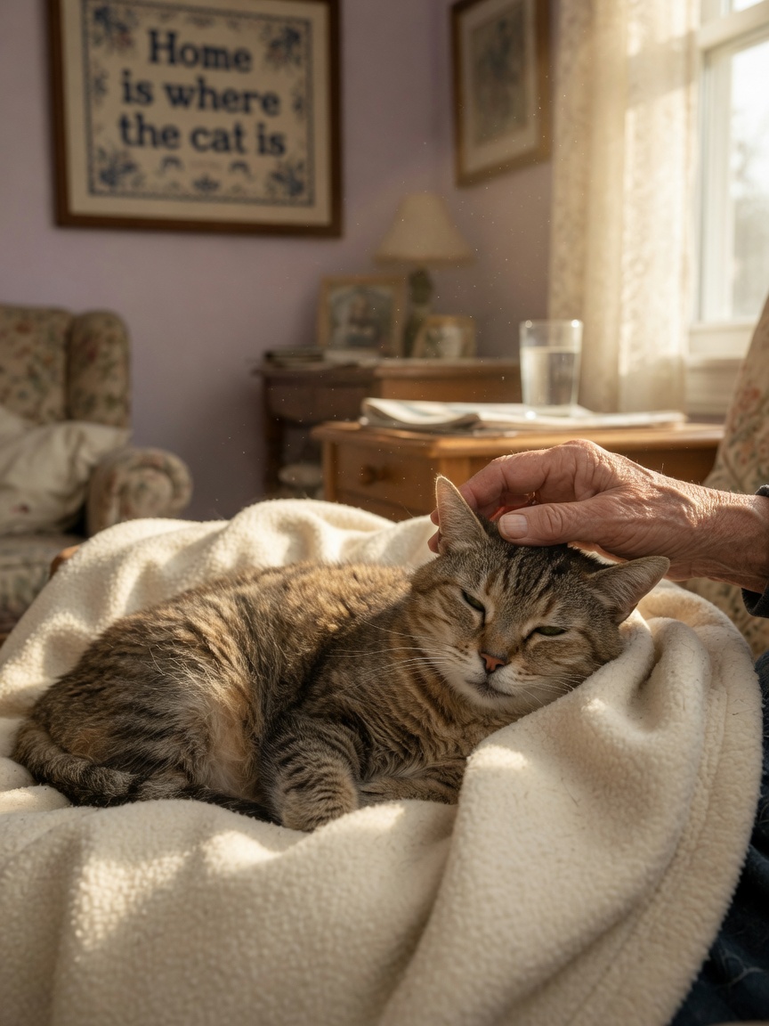 Gato atigrado anciano descansando placidamente en una manta suave con la mano del propietario descansando suavemente en su cabeza cerca de una ventana cálida