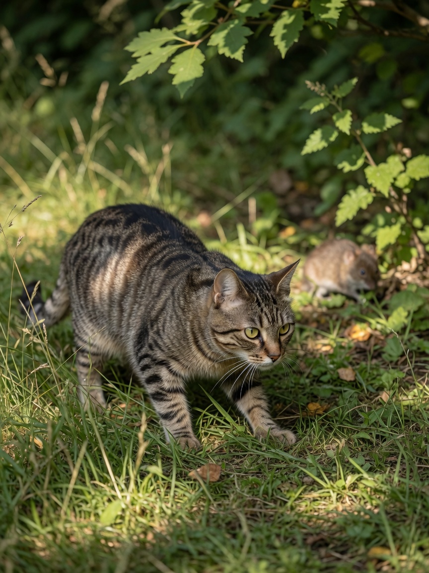 Tabby cat hunting in tall grass outdoors with focused hunting posture, demonstrating predatory behavior that leads to toxoplasmosis transmission.