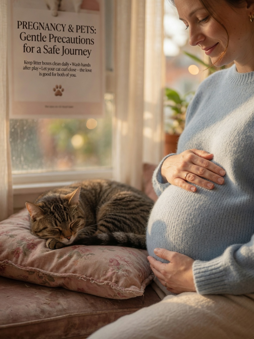 Pregnant woman with her hands on her belly sitting peacefully beside a resting tabby cat by a window with warm natural light, symbolizing pregnancy and toxoplasmosis precautions.