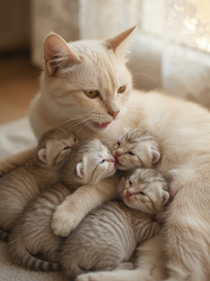Mother cat with cream-colored fur trilling gently to newborn kittens nursing, showing maternal communication and bonding
