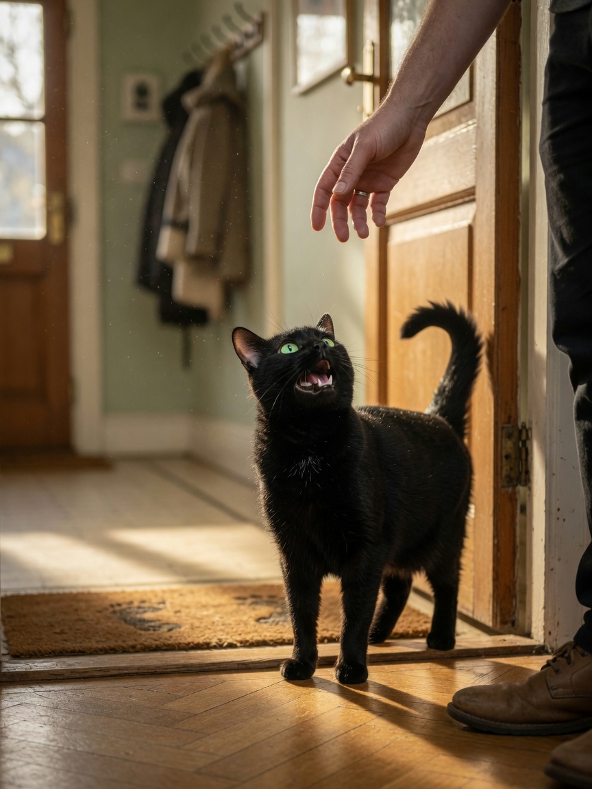 Black cat with emerald eyes trilling at owner's feet in greeting as they arrive home, warm doorway lighting