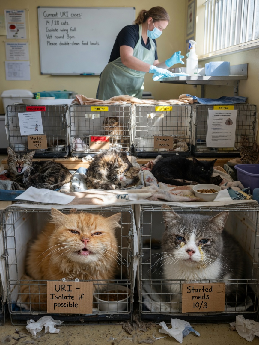 Shelter cats in close proximity showing respiratory illness symptoms and stress behaviors